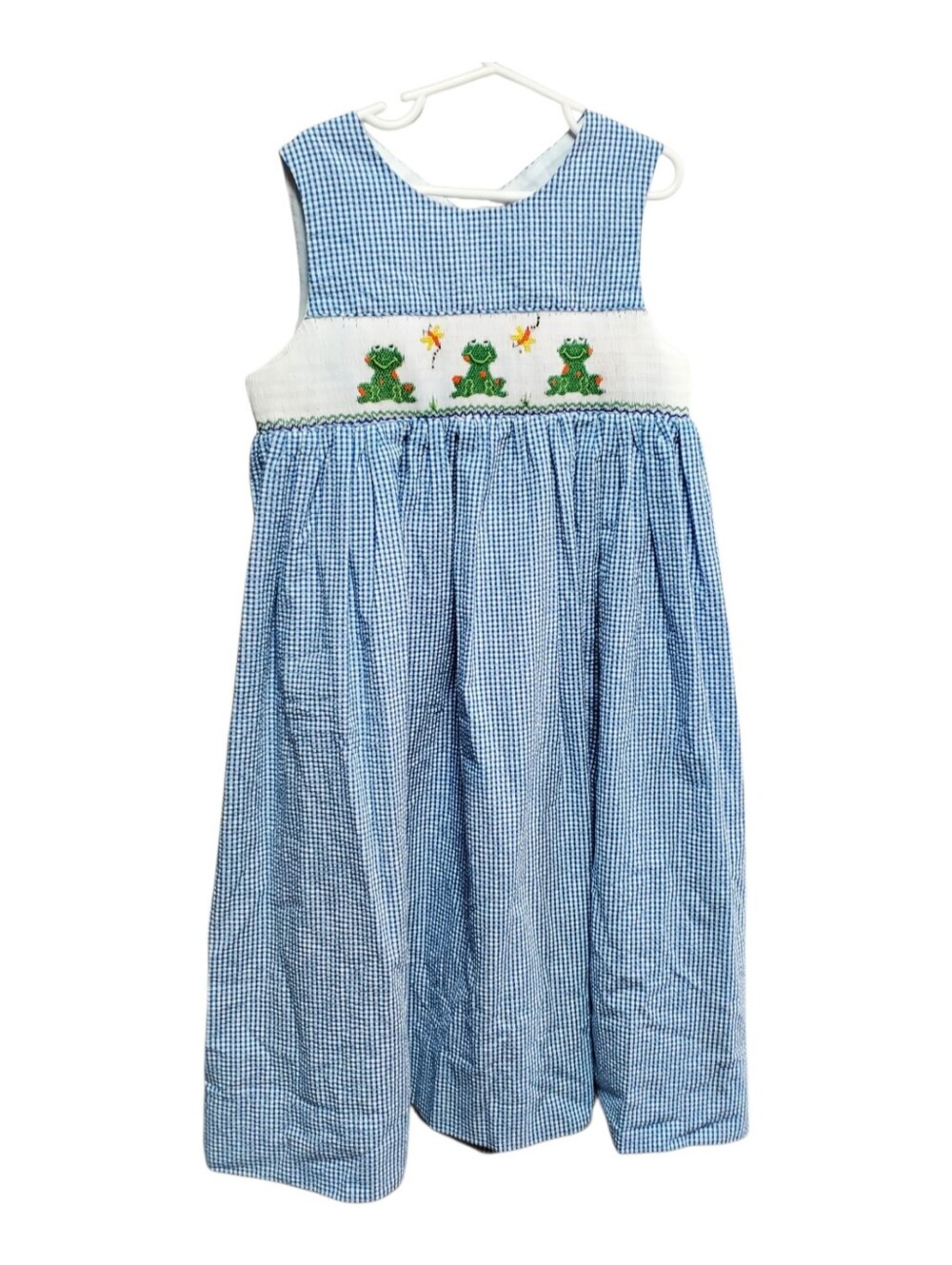 Smocked Frocks Hand Smocked Jumper Dress Blue Gingham Frog Girls Size 7